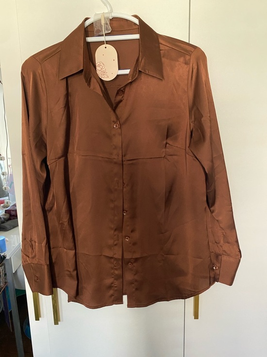 Tops - Satin Button-Up Blouse in Chocolate Brown